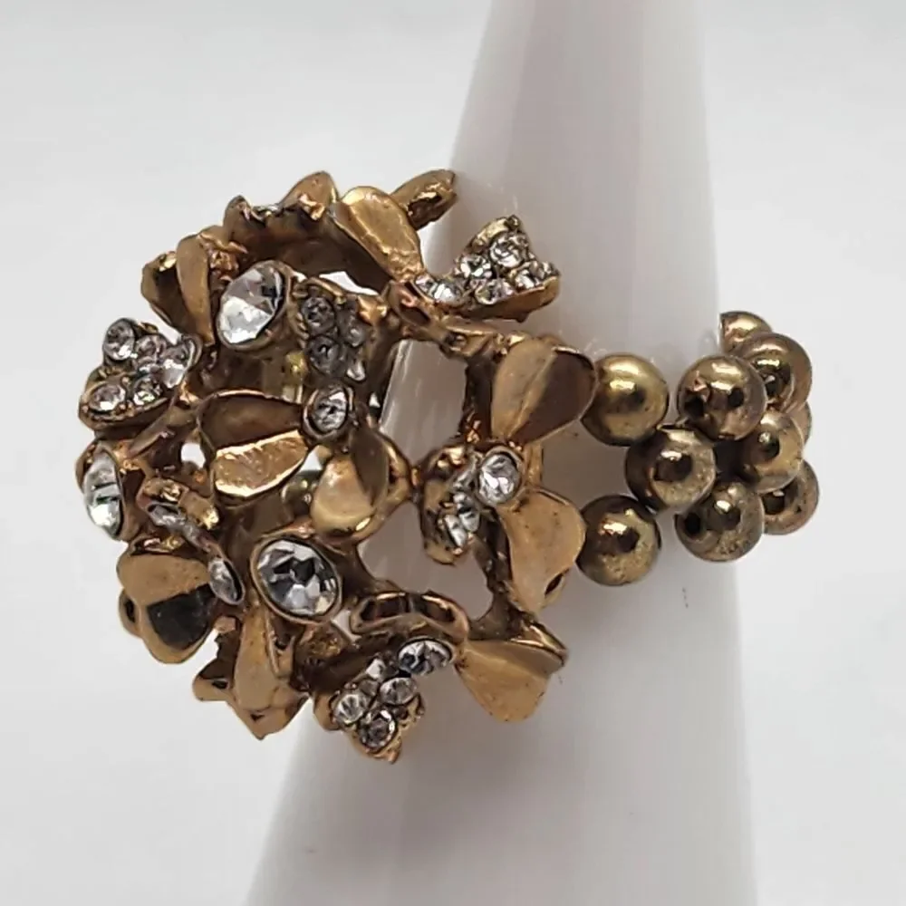 Roman Gold Tone & Clear Rhinestone Flower Cluster Stretchy Ring